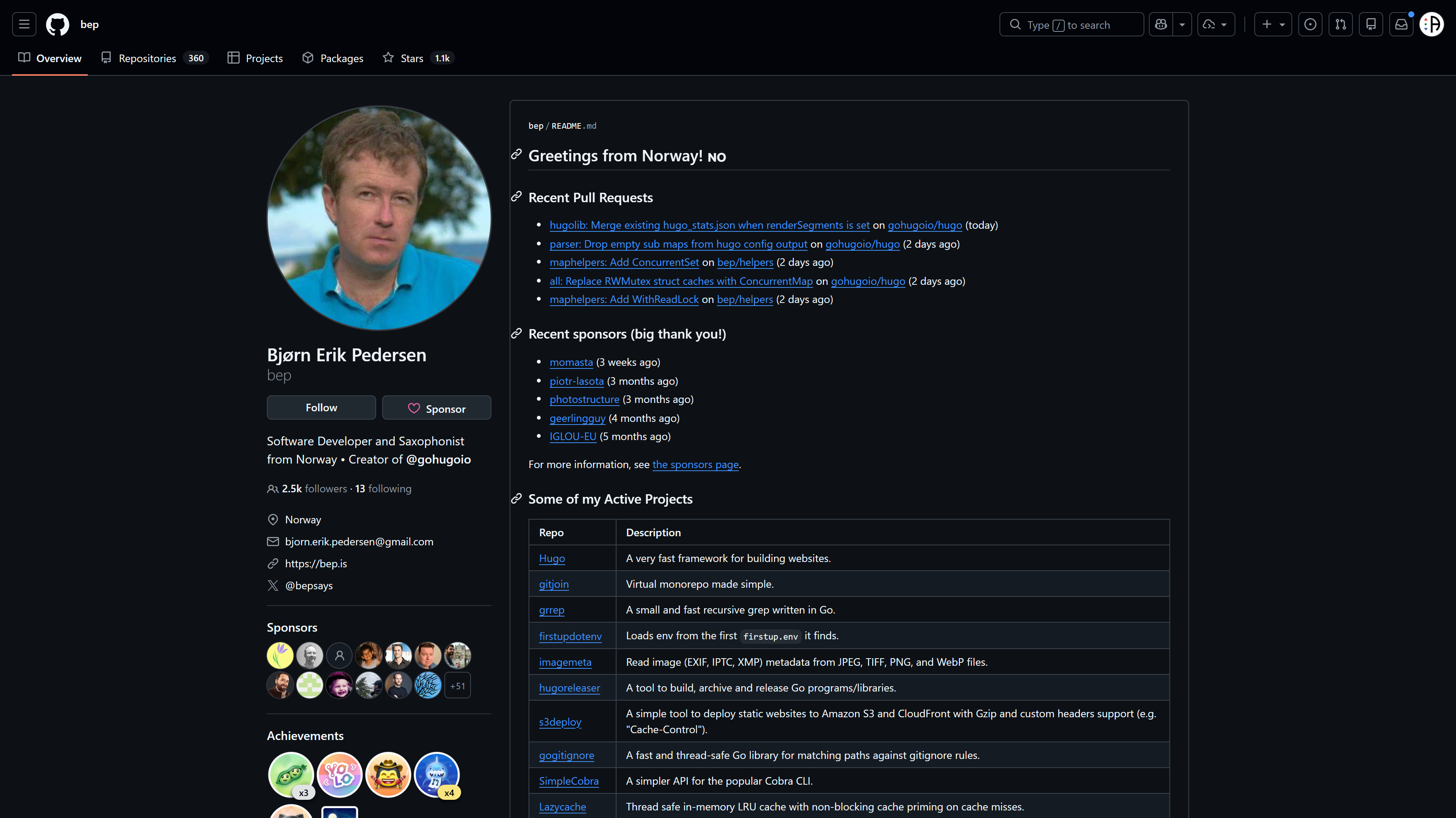 Profil GitHub de Bjorn Erik Pedersen, alias bep, mainteneur principal de Hugo depuis 2015