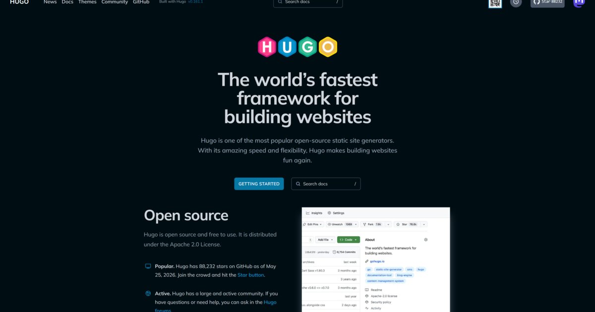 Documentation officielle Hugo sur gohugo.io avec les rubriques CLI, Configuration, Content management, Functions et Render hooks