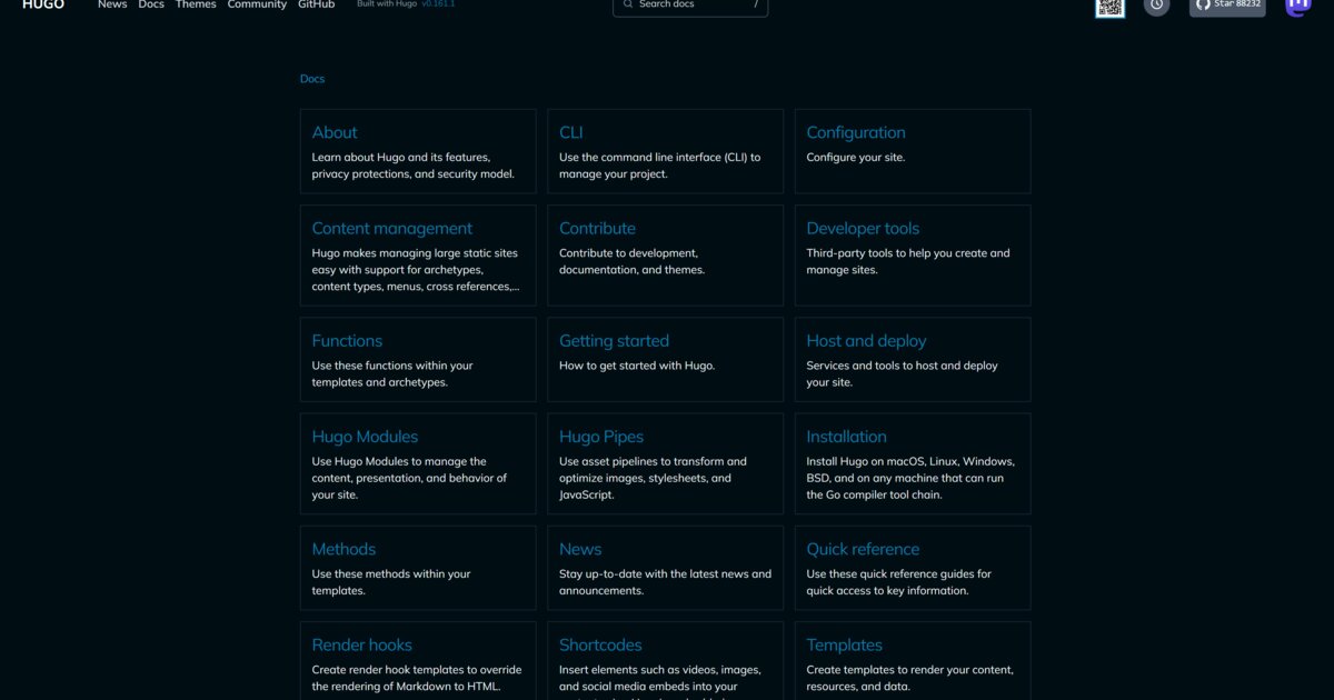Page d’accueil de gohugo.io avec le slogan The world’s fastest framework for building websites et le compteur d’étoiles GitHub