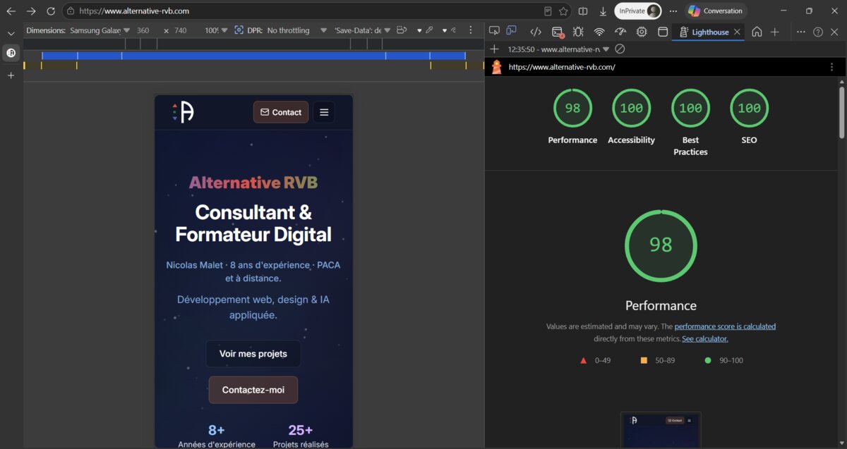 Scores Lighthouse sur alternative-rvb.com, mesure en navigation privée (Chrome, mai 2026).